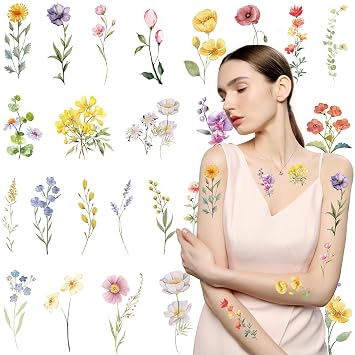 Flower Temporary Tattoos Sticker - 8 Sheets Realistic Watercolor Floral Tattoos Stickers For Women Girls Body Art Arm Flower Fake Tattoos Wedding Pools Party Styling Accessories