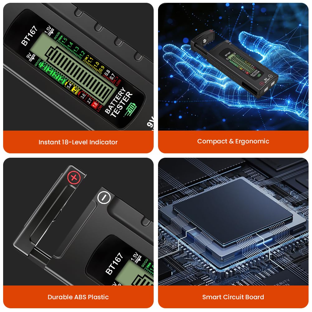 URAQT Tester Digitale per Batterie, Tester Batteria Universale, Display LCD di Facile Lettura, Semplice Universale per Batterie AA, AAA, C, D, 9V, 1.5V Pila a Bottone, Nessuna Batteria Necessaria