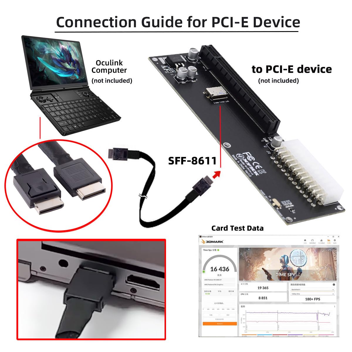 xiwai Conector de tipo recto OcuLink PCI-Express SFF-8611 4i macho a PCIe SFF-8611 macho Cable activo de datos para eGPU SSD externa, 50 cm