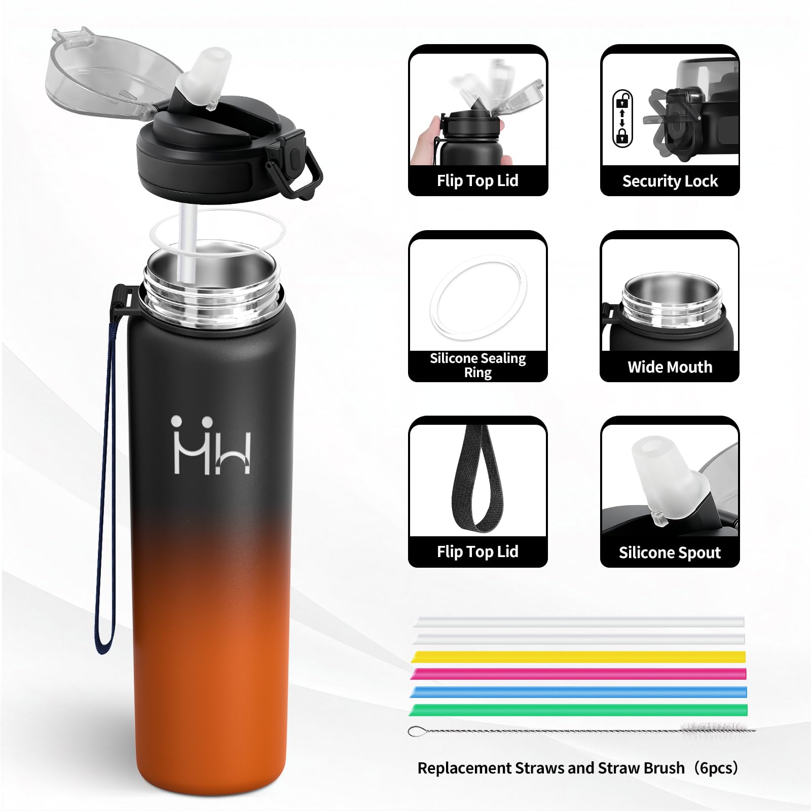 Gourde 1L Inox, Bouteille Isotherme avec Paille, sans BPA et Anti-Fuite, Double Paroi Isolante, Réutilisable, Bouteille D'eau pour Yoga, Fitness, Randonnée - 3