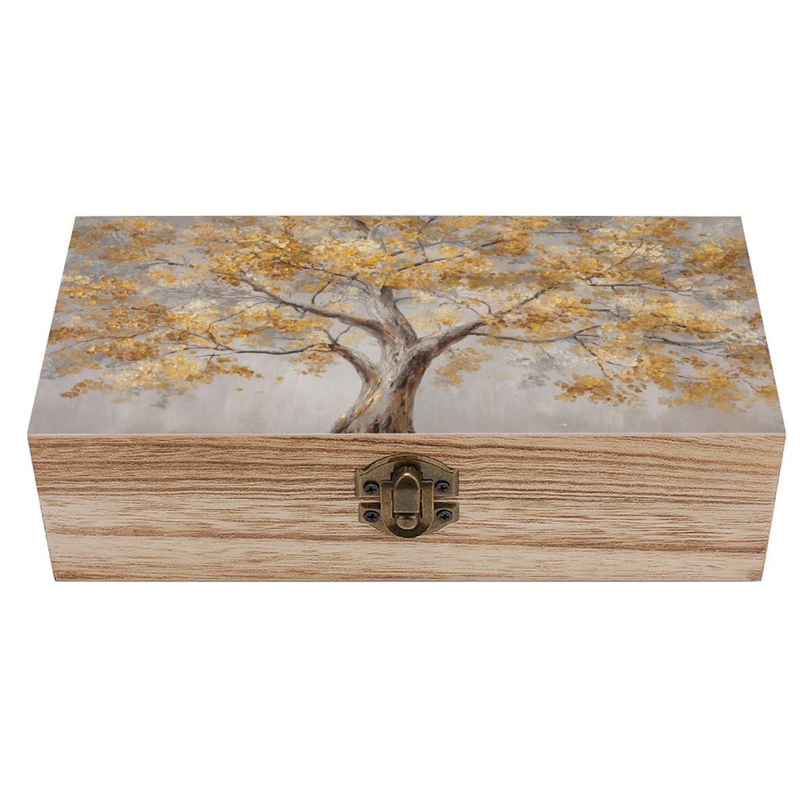 Ahdyr As Pic Large Tree With Golden Leaves Wooden Storage Box With Hinged Lid And Front Clasp Large Keepsake Box