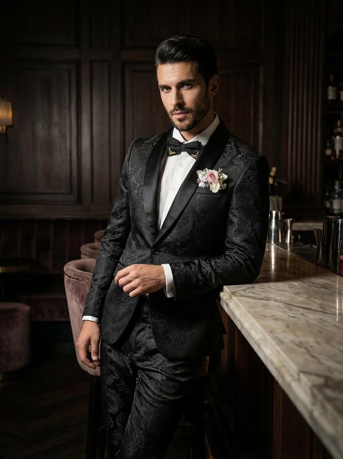 Floral Tuxedo for Men Slim Fit 2 Piece Suits for Men for Wedding Prom,Shawl Collar Floral Men's Suits