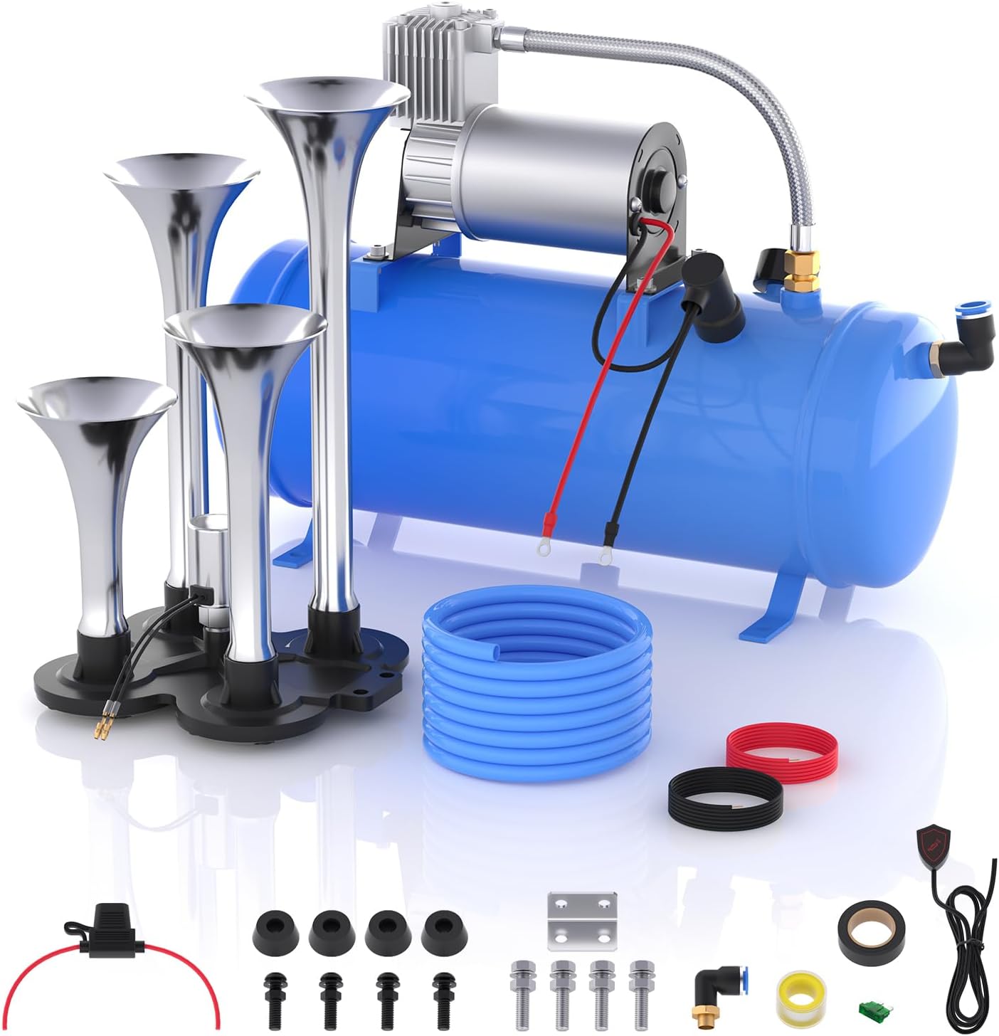 Train Horn for Truck, 178DB Loud Air Horn Kit with 4 Trumpets, 150 PSI 12V Air Compressor, 1.6Gal/6L Tank, Suit for Car Truck Pickup Semi Train Boat