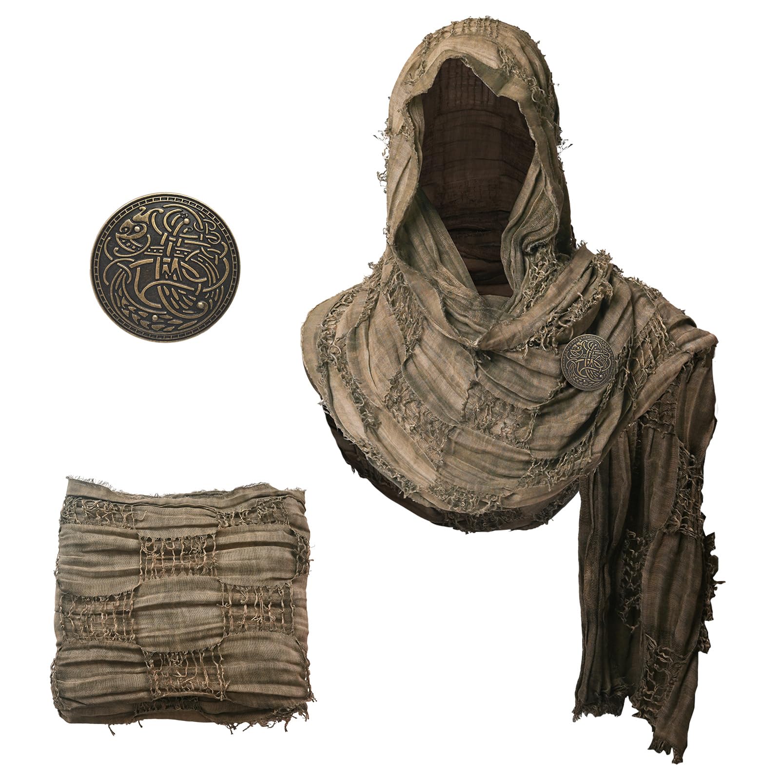 LLTTEER Medieval Scarf Cowl with Brooch, Vintage Viking Cowl Hooded Shawl, Renaissance Hood Cloak for Halloween Cosplay,Brown