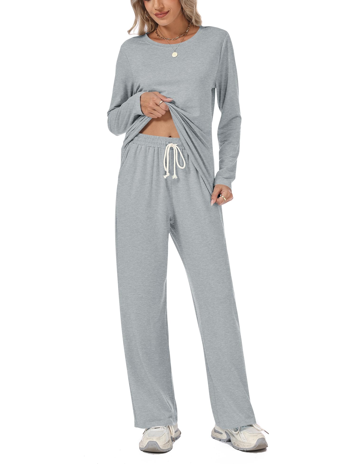 Rapbin Schlafanzug Damen Lang Pyjama Set Zweiteiliger Nachtwäsche Loungewear Damen Schlafen Oberteil und Schlafanzughose mit Taschen