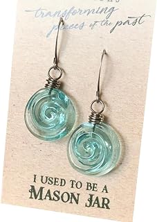 Handmade Recycled Glass Spiral Drop Earrings from Upcycled Mason Jars - Beachy Dangle Jewelry Gifts for Women, Mom, Sister