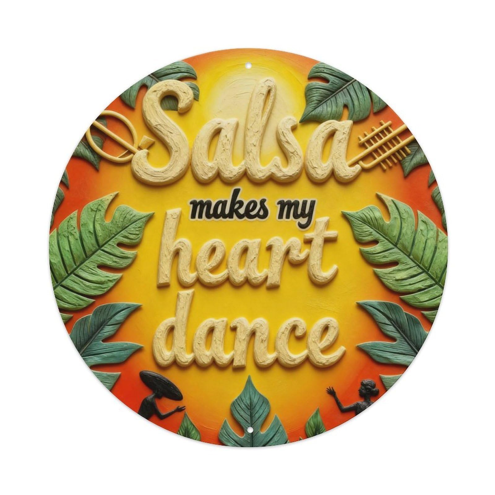 Salsa Heart Dance Tropical Leaves Round Metal Tin Sign Vintage Wall Decor, Bar Garage Cafe Kitchen Home Wall Art Poster 8x8inches