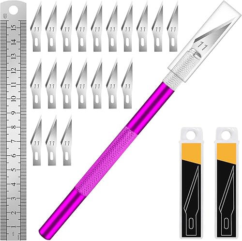 Vista 20 de DIYSELF 1 cuchillo de manualidades con kit de 11 cuchillas de acero inoxidable, 1 regla de acero de 0.59 pulgadas para arte, álbumes de recortes