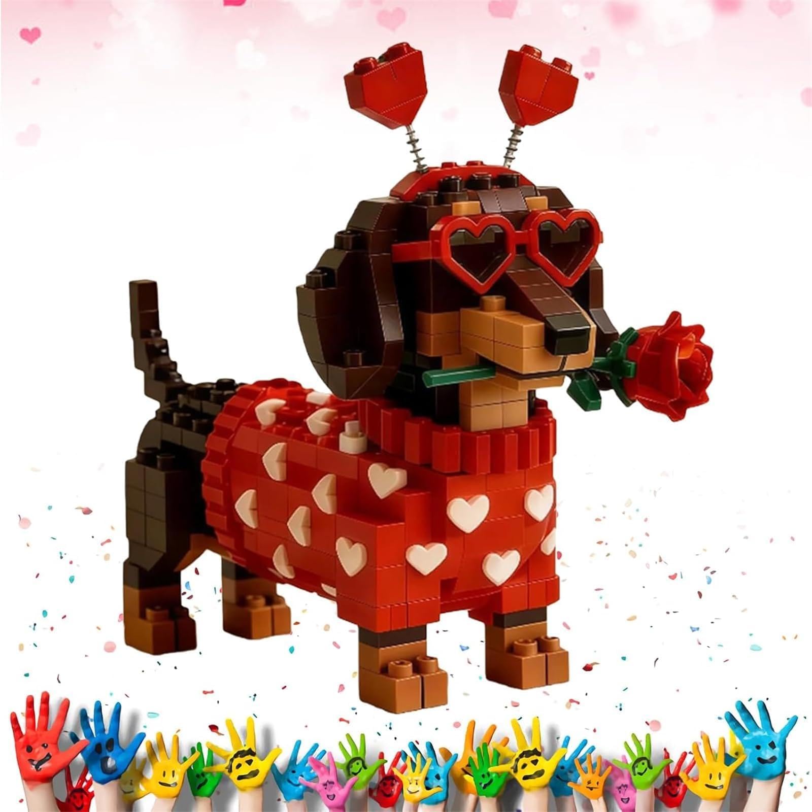 2026 Esclusivo set di mattoncini per bassottos per San Valentino 2026, set di mattoncini per bassotto 3D fai da te, simpatico mattoncinso per bassotto 3D, figura di cucciolo con disegno a cuore