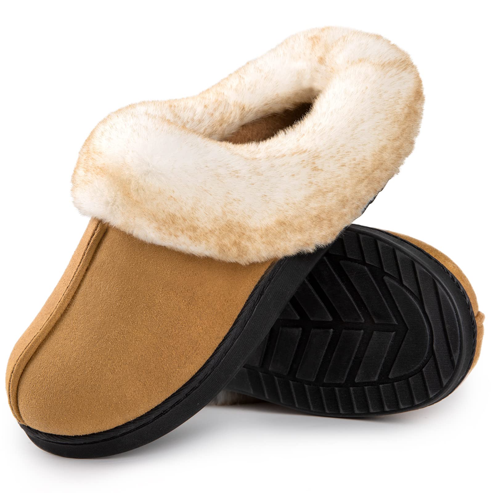 HomeTopWomen's Classic Microsuede Memory Foam Slippers Durable Rubber Sole with Warm Faux Fur Collar