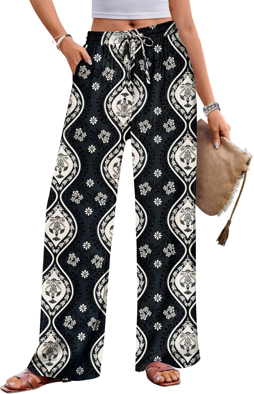 MEROKEETY Women’s Striped Floral Wide Leg Pants Drawstring Elastic High Waist Casual Pants with Pockets