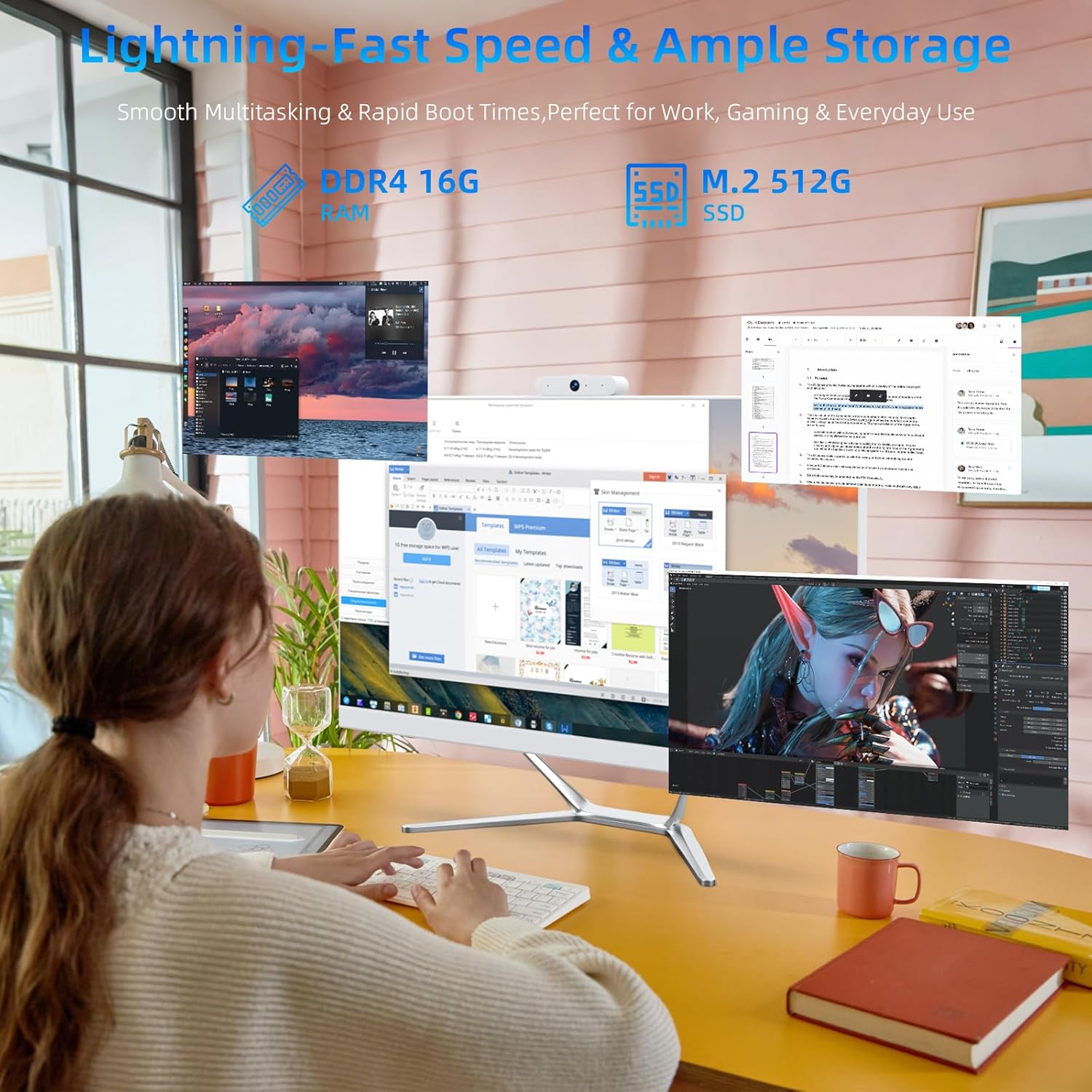 23.8" All in One Desktop Computer for Home Office,All in One Desktop PC,N100 Processor (Up to 3.40Ghz),4 Core 16GB RAM 512GB SSD,FHD IPS Display,WiFi 5 & BT 4.2,Keyboard & Mouse,Webcam,11 Home