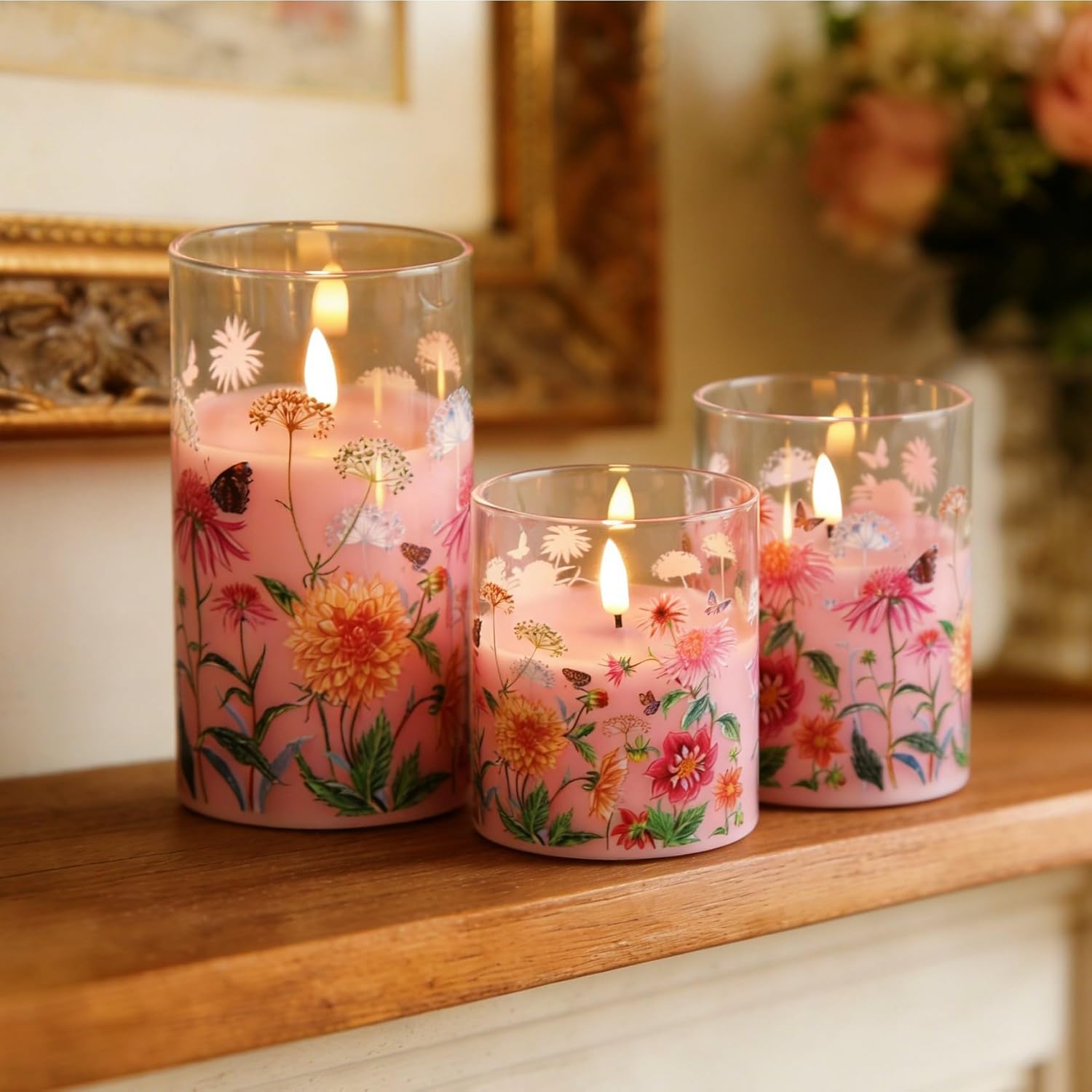 Pink Floral Glass Flameless Pillar Candles with Remote, Flickering Spring LED Battery Candles Home Decor Set of 3