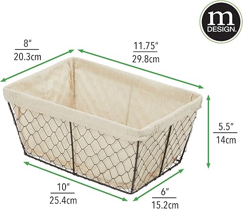 Miniatura 4 de mDesign Cesta organizadora mediana de metal para el hogar, diseño de alambre de pollo, forro de tela para cocina, baño, sala de estar, despensa,