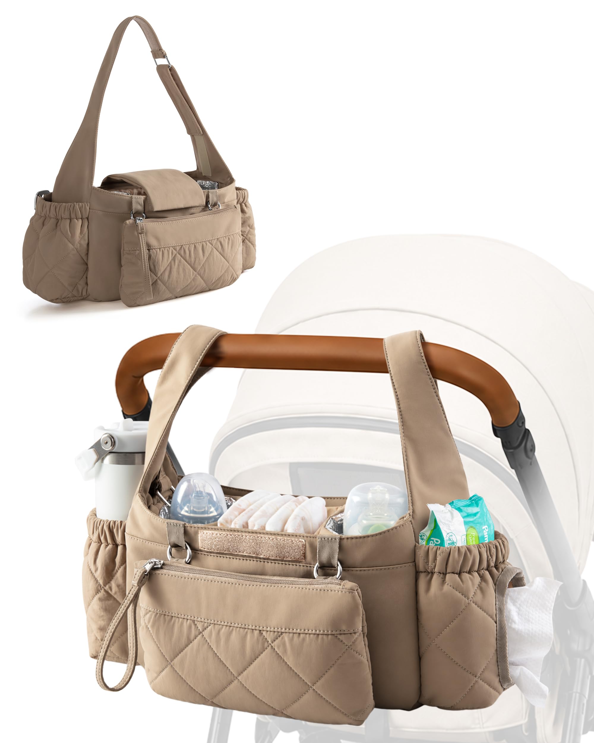Marscamd Kinderwagen-Organizer mit doppelt isolierten Getränkehaltern, Camel | 3 Tragemöglichkeiten, mit abnehmbarer Handgelenktasche, Feuchttuchspender und großem Flaschenhalter, gestepptes Design