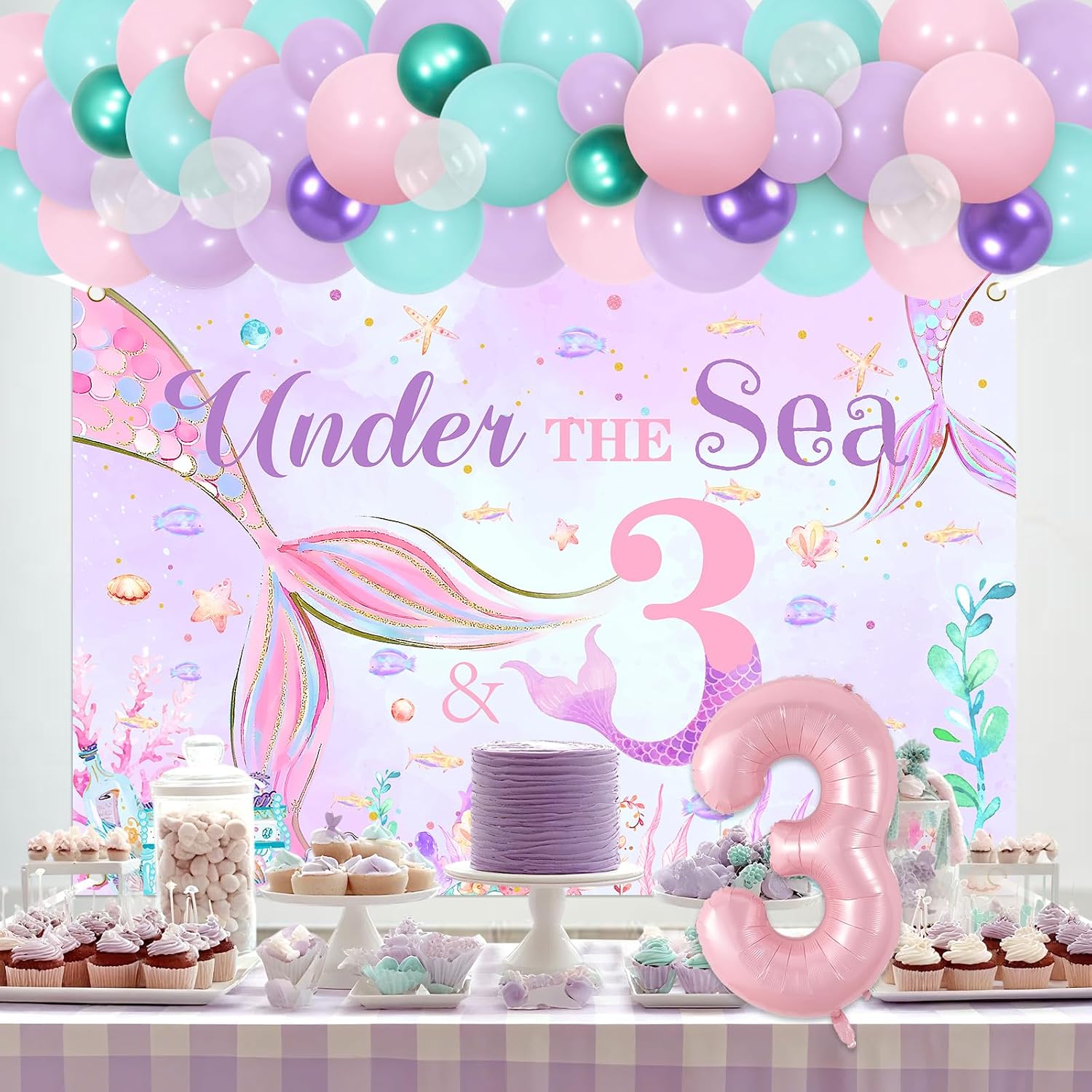 Mermaid 3rd Birthday Party Decorations Three Under the Sea Backdrop Pink Purple Balloon Garland Kit Number 3 Foil Balloon Little Mermaid Pearl Shell Backdrop for Girls Sea themed 3rd Birthday Supplies