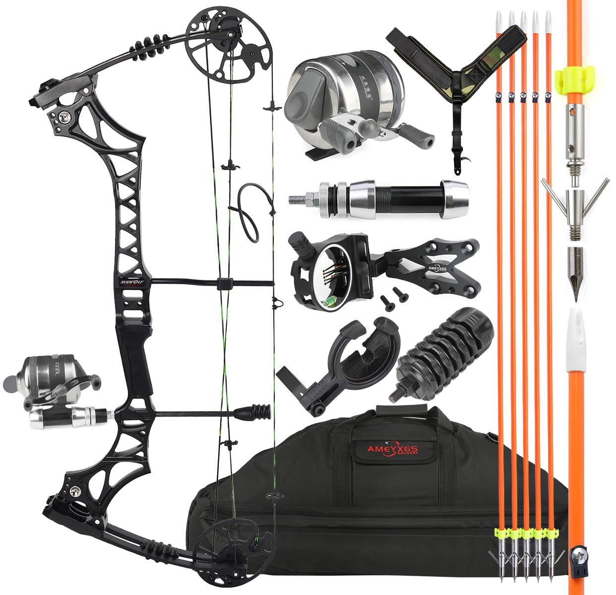 surwolf Bowfishing Compound Bow Kit Draw Weight 30-70lbs Adjustable Ready to Fish Kit with Bowfishing Reel,Bow Fishing Arrows Right Handed for Adult/Youth Fishing Hunting/Target Shooting (Black)