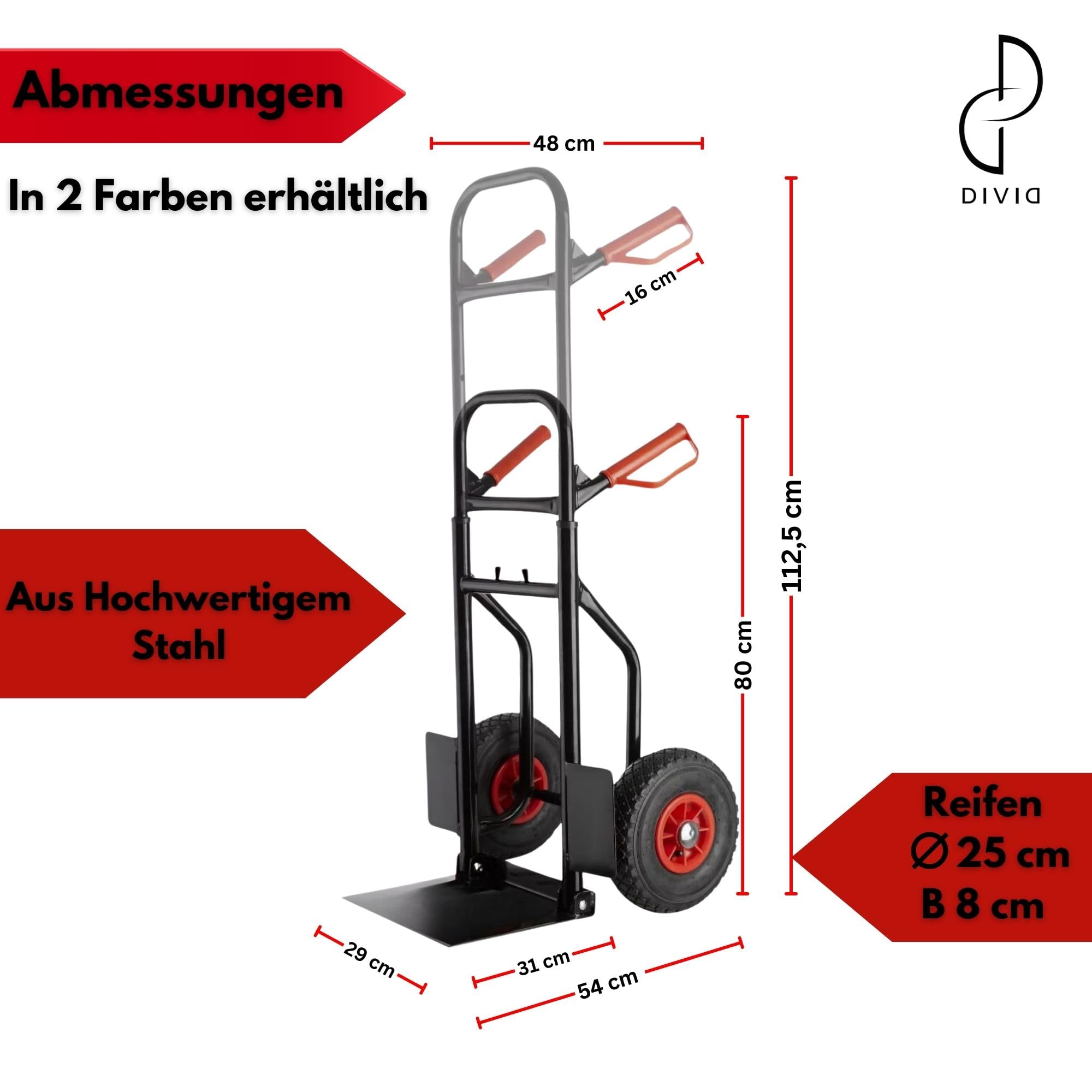 DIVID® Klappbare Sackkarre max. 200Kg, Stahl, ergonomisch Transporter für Umzüge, Lager und Einkäufe (Schwarz)