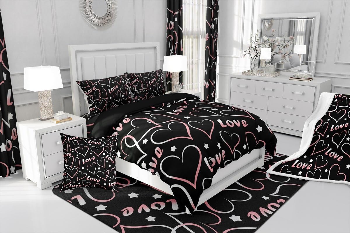 jejeloiu Heart Bedding Set Toddler Size Valentine's Day Comforter Cover Set for Boys Girls Teens Romantic Duvet Cover French Style Bedspread Cover Room Decor Black Pink Quilt Cover,No Comforter