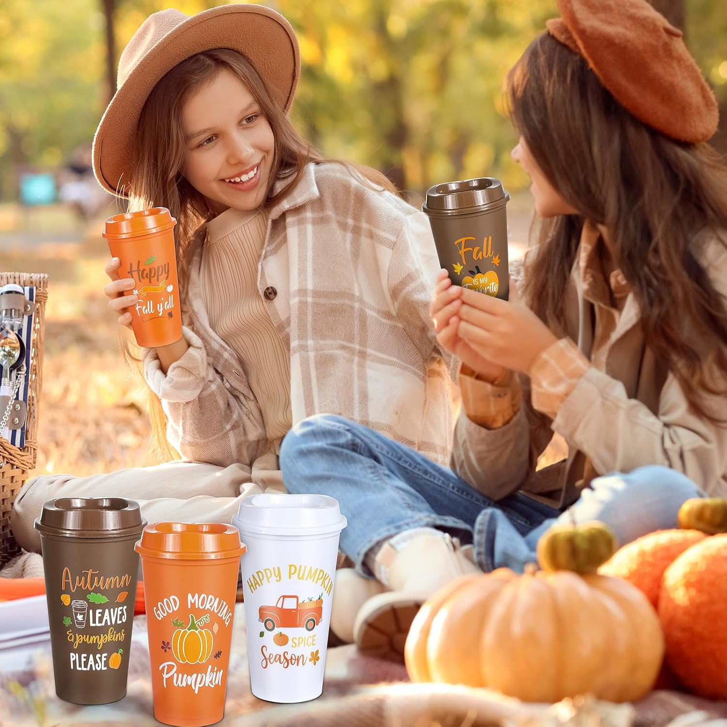 12 Pack Fall Reusable Coffee Cups with Lid 16 oz Autumn Tumblers Cups Thanksgiving Fall Thank You Gifts for Women Autumn Happy Pumpkin Plastic Travel Coffee Mug for Hot and Cold Drinks Tea Juice image 5