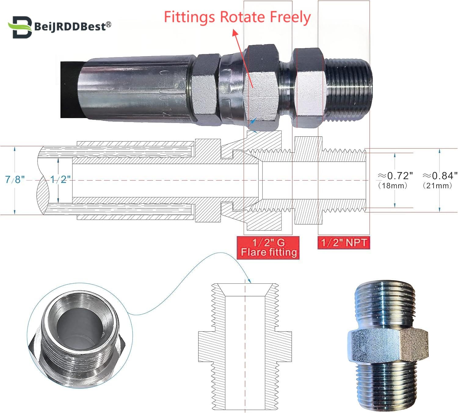 1/2" x 40" Universal Compressor Jumper Hose - High-Temperature 320°F, 1/2" NPT Male Connector, Both Sides Fittings Rotate Freely, 700 PSI