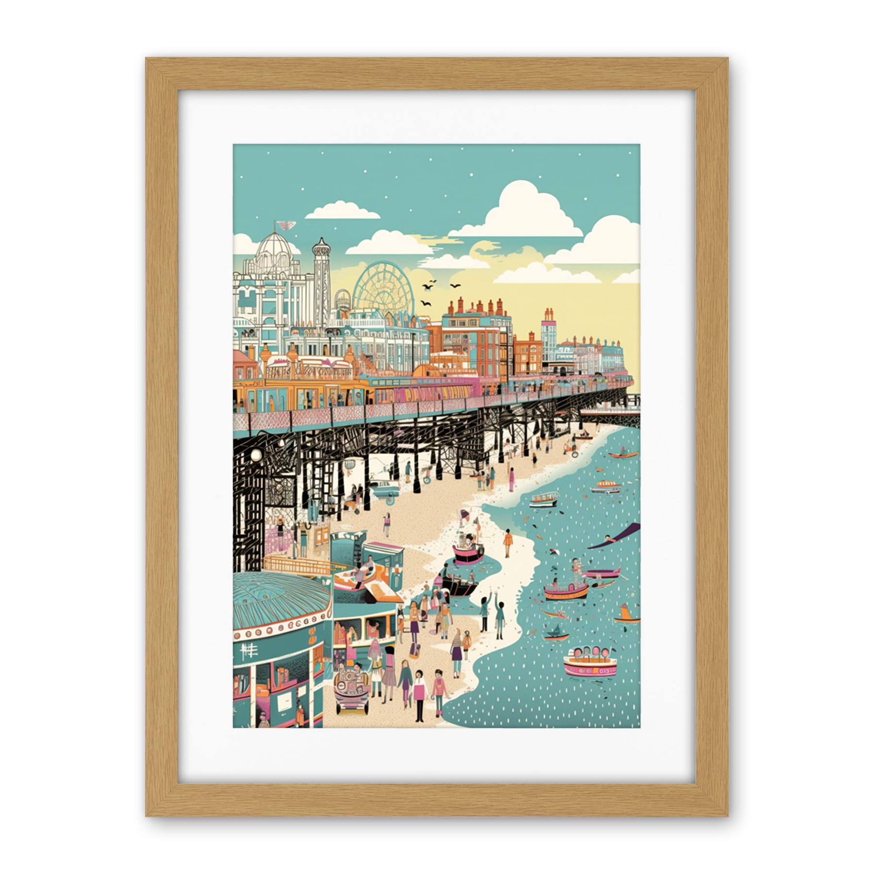 Artery8 Brighton Beach Pier and Sandy Summer Scene Artwork Framed Wall Art Print 18X24 Inch