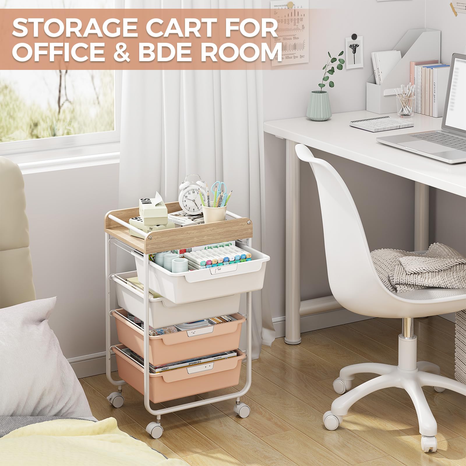 SYKIARIOL Chariot à 4 tiroirs avec roulettes et boîte de rangement - Chariot multifonction en plastique avec étagères en bois - Convient pour salle de bain, cuisine, salon et bureau