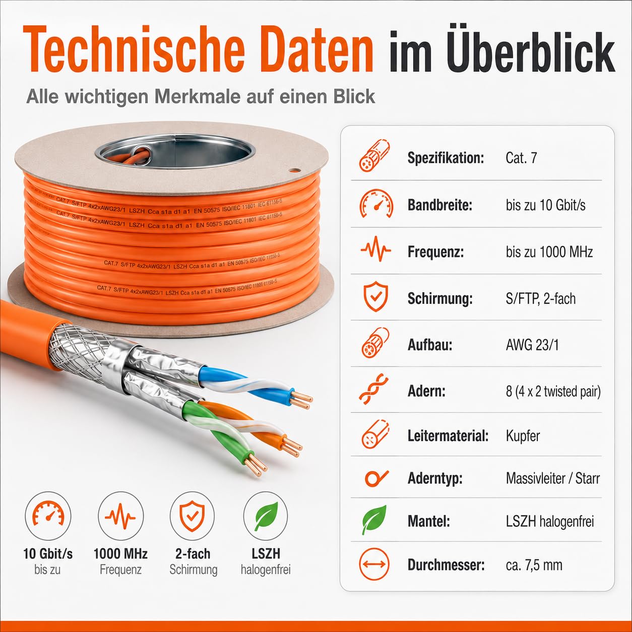 1aTTack.de Câble d'installation CAT 7 Câble réseau GHMT Câble d'installation LAN CAT.7 sans halogène Câble CAT7 Câblage réseau Câble de données Gigabit cuivre Ethernet 100m
