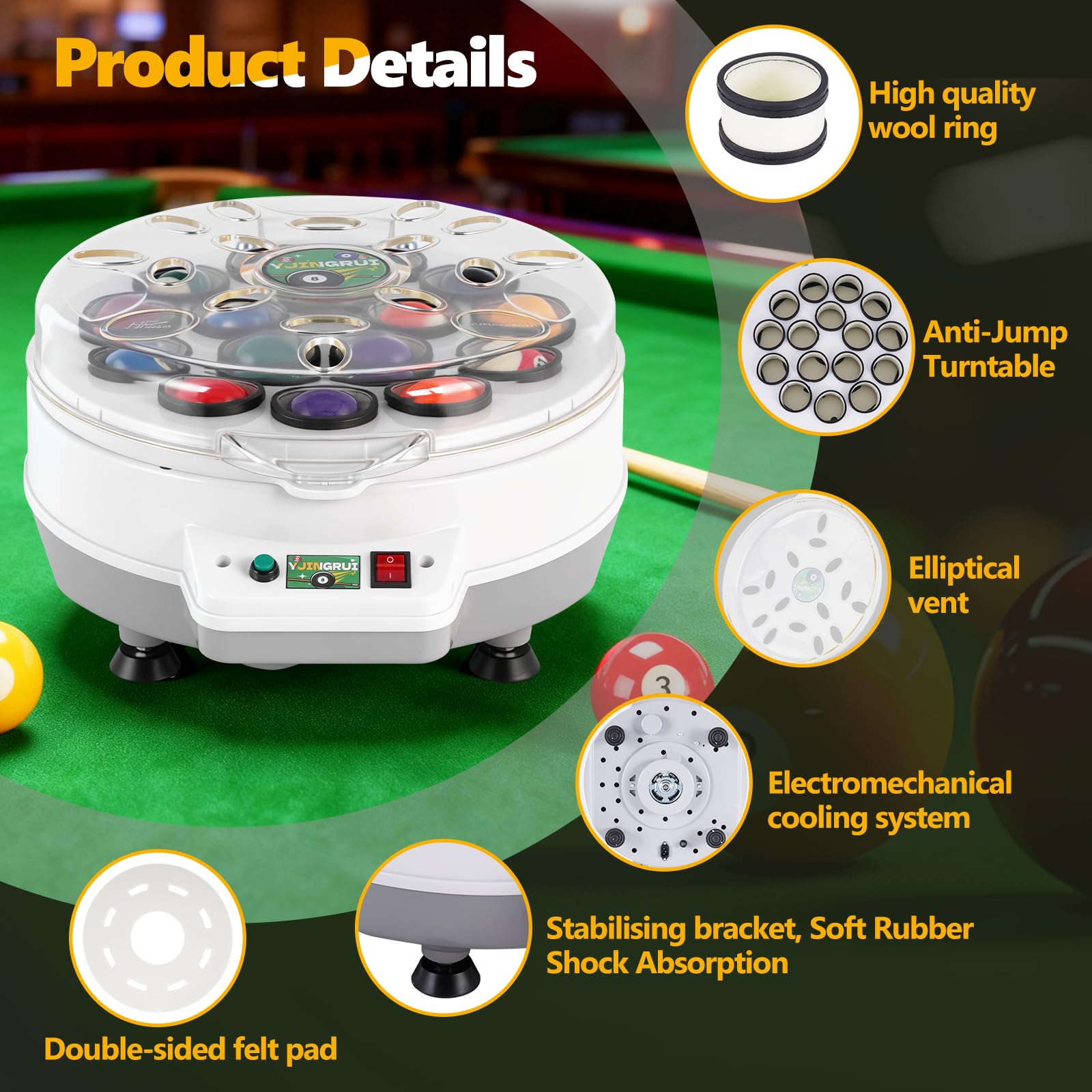 YJINGRUI Automatischer Billardkugel Reiniger,16 Balls Poolball-Reiniger-Poliermaschine, Billardkugel Reinigungsmaschine, mit Schraubenschlüssel und Bürste für 57,2 mm Billardkugeln