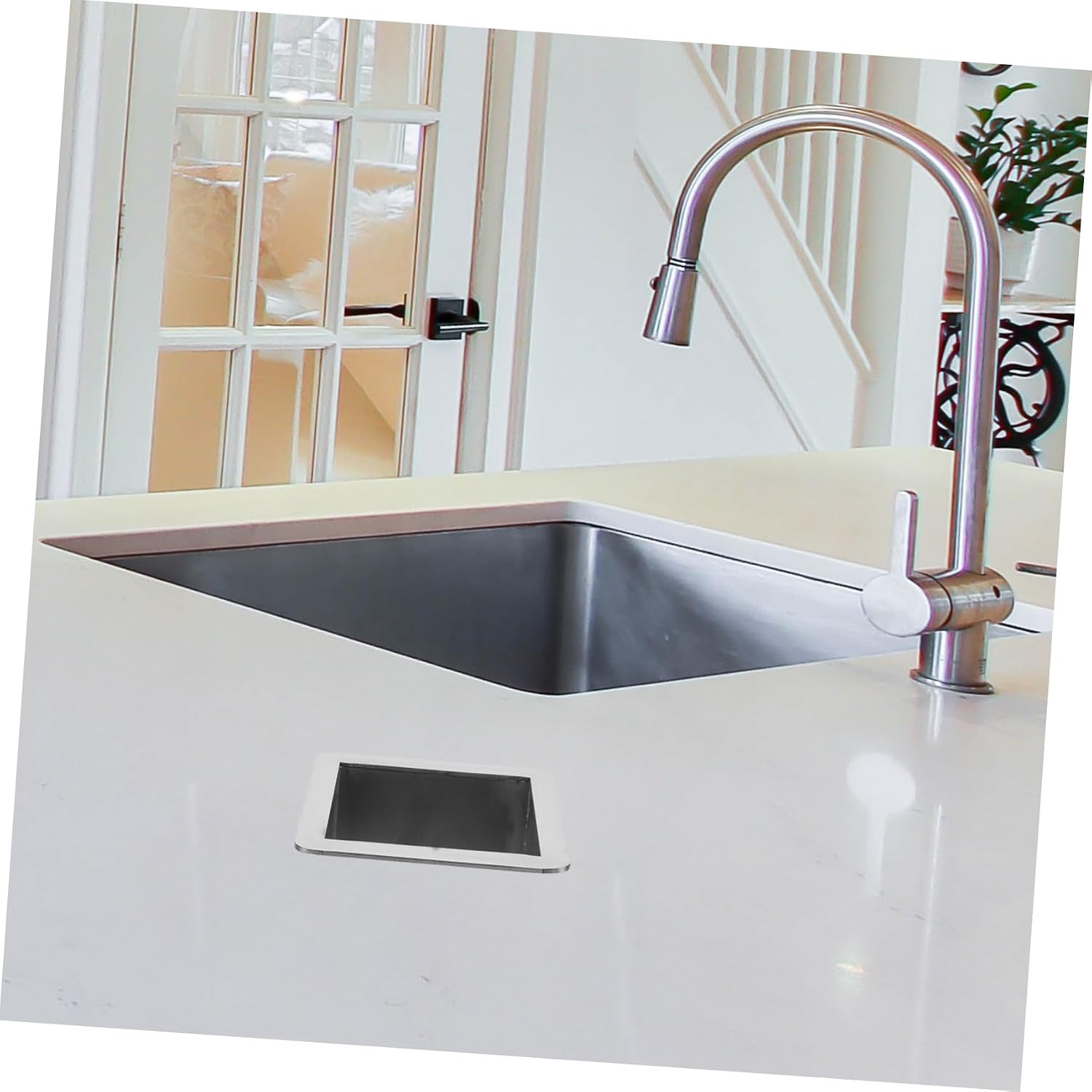 Stainless Steel Counter Grommet Square Trash Can Lid for Kitchen Drop Design for Cabinets Workbenches Easy Maintenance