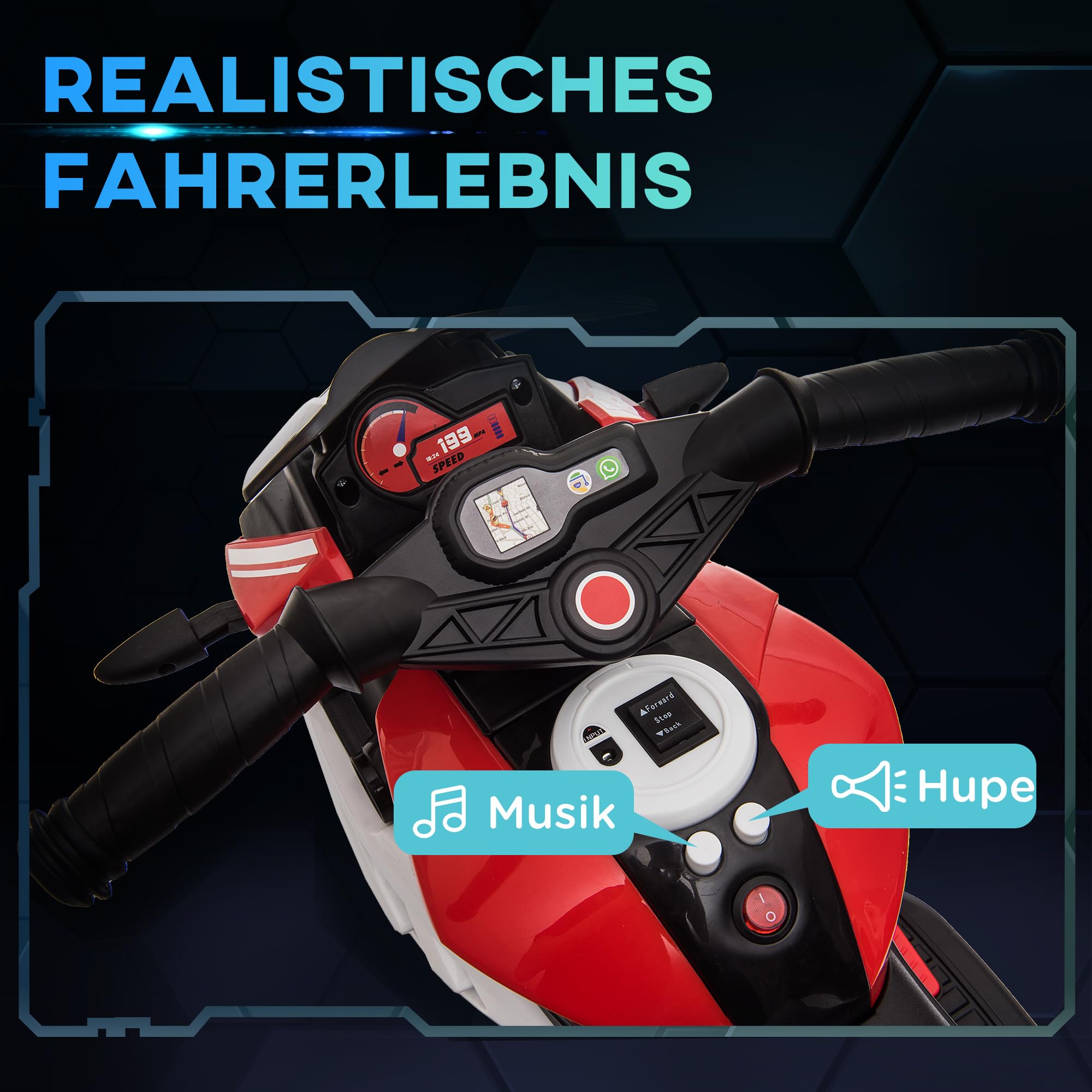 HOMCOM Elektro Kindermotorrad Elektromotorrad mit Musik, Scheinwerfer, Kindermotorrad 3 km/h, für Kinder von 3-5 Jahren, max. 25 kg, Rot+Schwarz