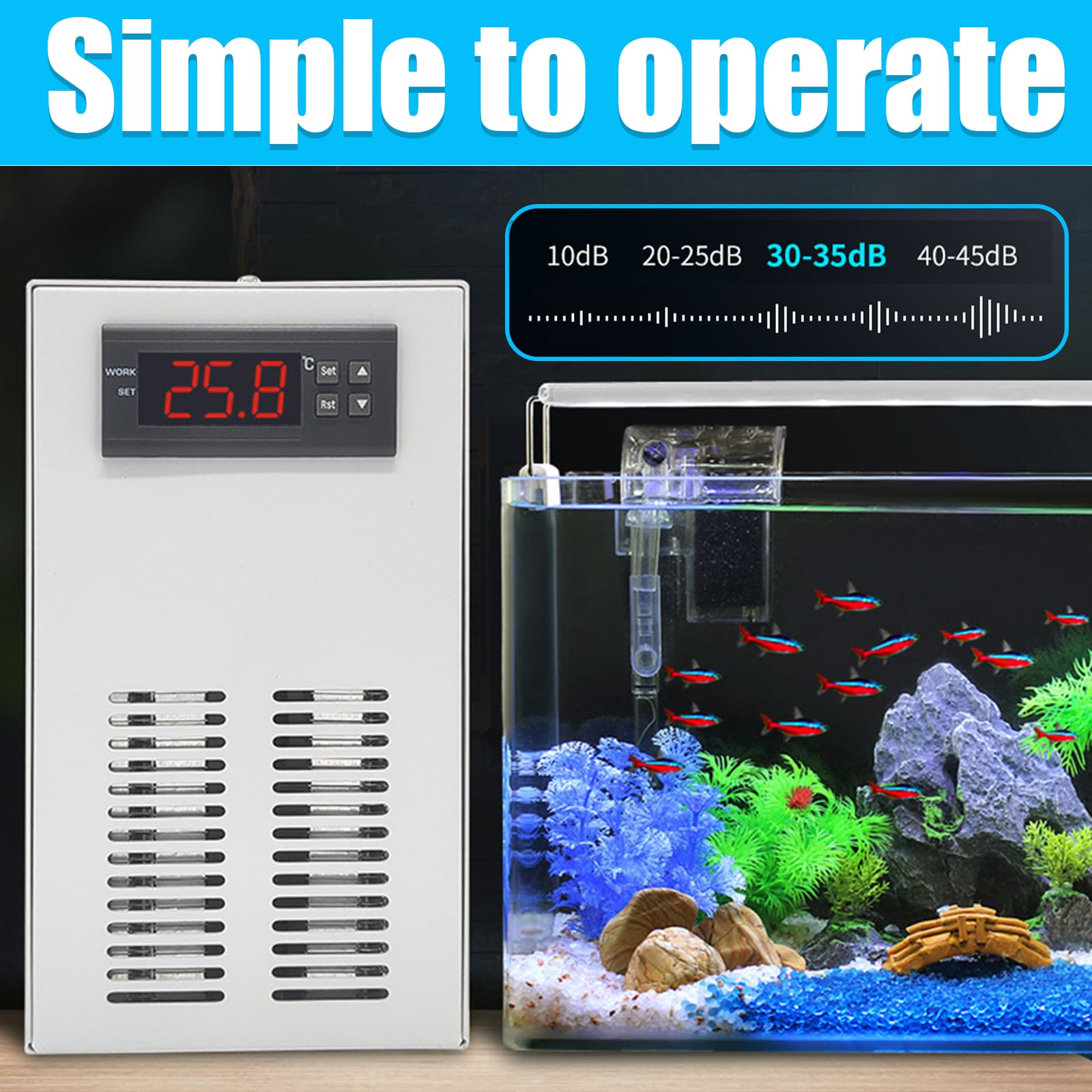 Enfriador Acuario, Refrigerador Acuario de 35L Water Chiller Bajo Nivel de Ruido 10-40°C Enfriador en Línea con Bomba de Agua y Tuberías 120W 220V para Acuarios Inteligentes