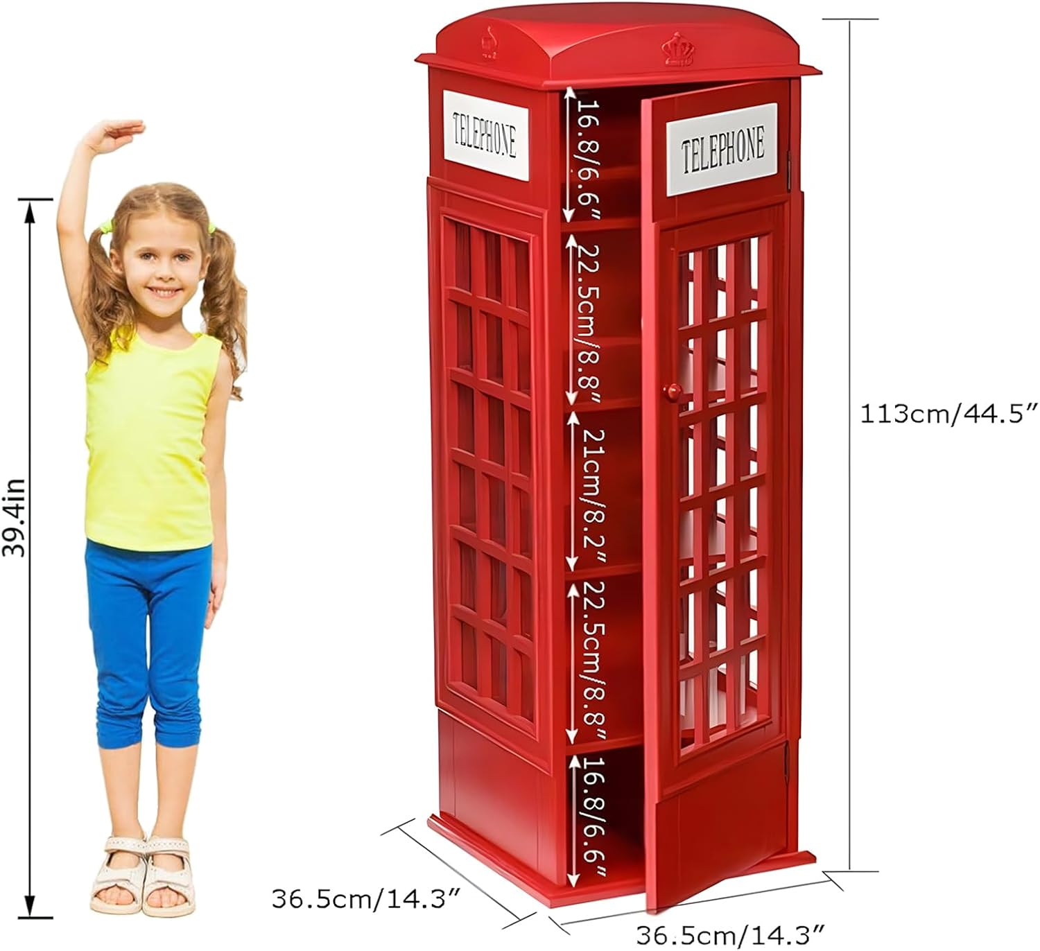 Red Telephone Booth Bookshelf - Freestanding London Wooden Bookcase, 5-Tier Storage Cabinet for Toys, CDs & Books with Door, Unique British Home Decor image 3