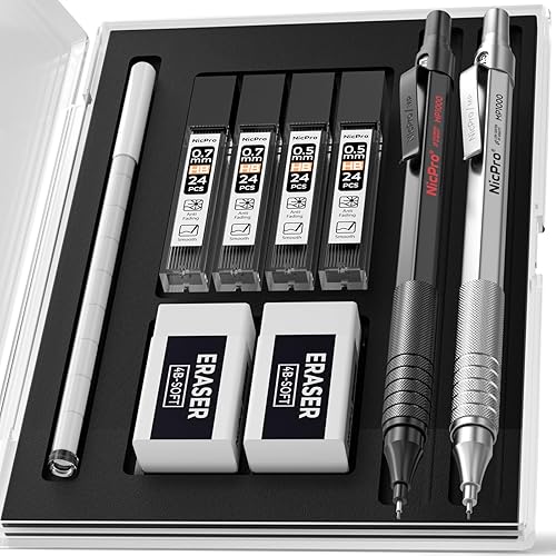 Miniatura 8 de Nicpro - Juego de 2 portaminas de 0.5 mm y 0.7 mm con estuche, juego de lápices metálicos MP1000 para artistas con 4 tubos de recambios de mina HB
