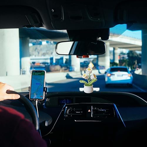 Miniatura 5 de Flores de ganchillo artificiales, pequeñas orquídeas de campanas de punto en maceta para tablero de automóvil, bonita decoración de consola central