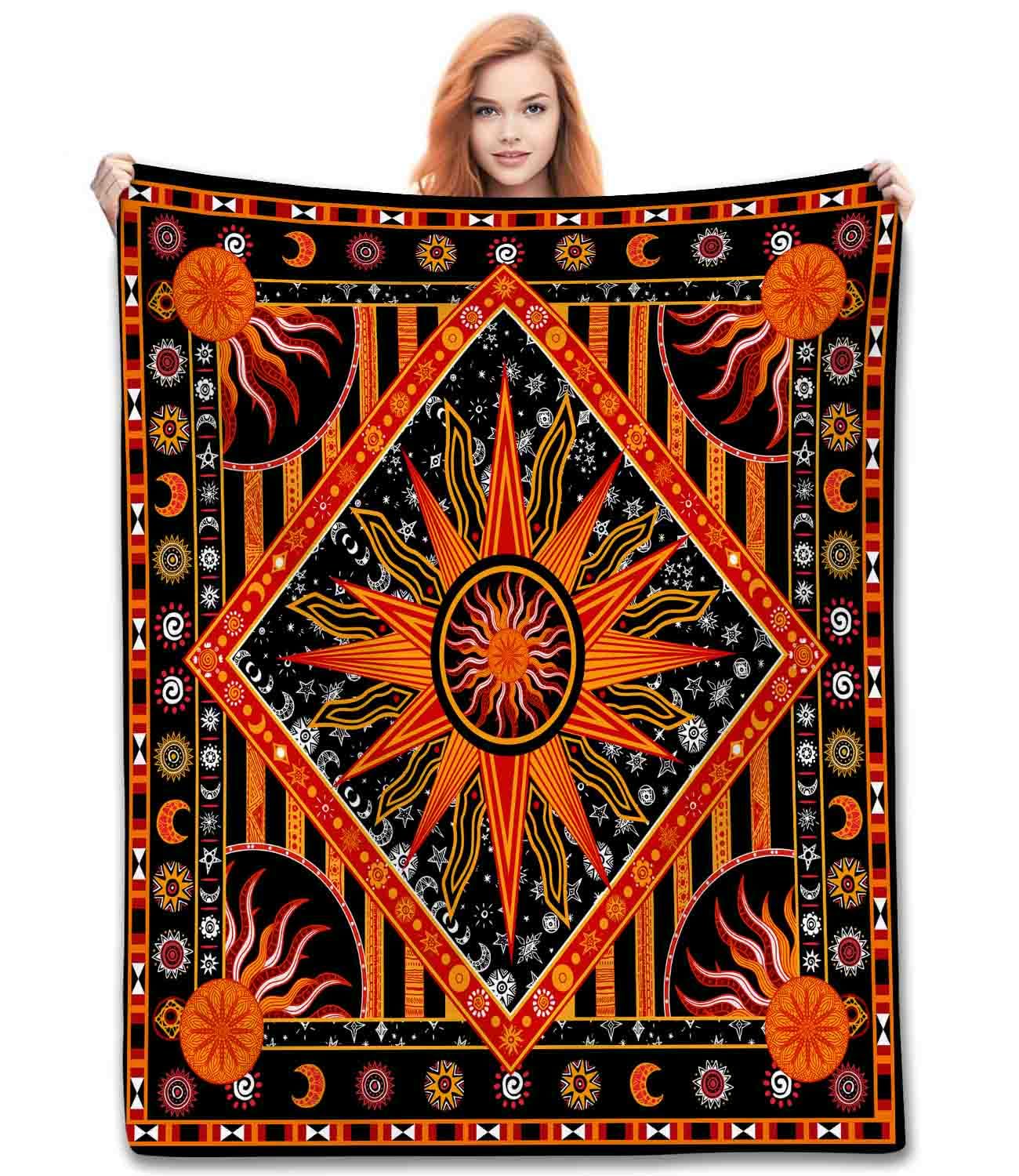 TKUYO Mandala Throw Blanket, Indian Hippie Sun Moon Witchy Medallion Trippy Boho Aesthetic Orange Art Fleece Fuzzy Fannel Blankets for Sofa Bed Chair Couch Bedroon Living Room Gifts, 30"x40" Inch