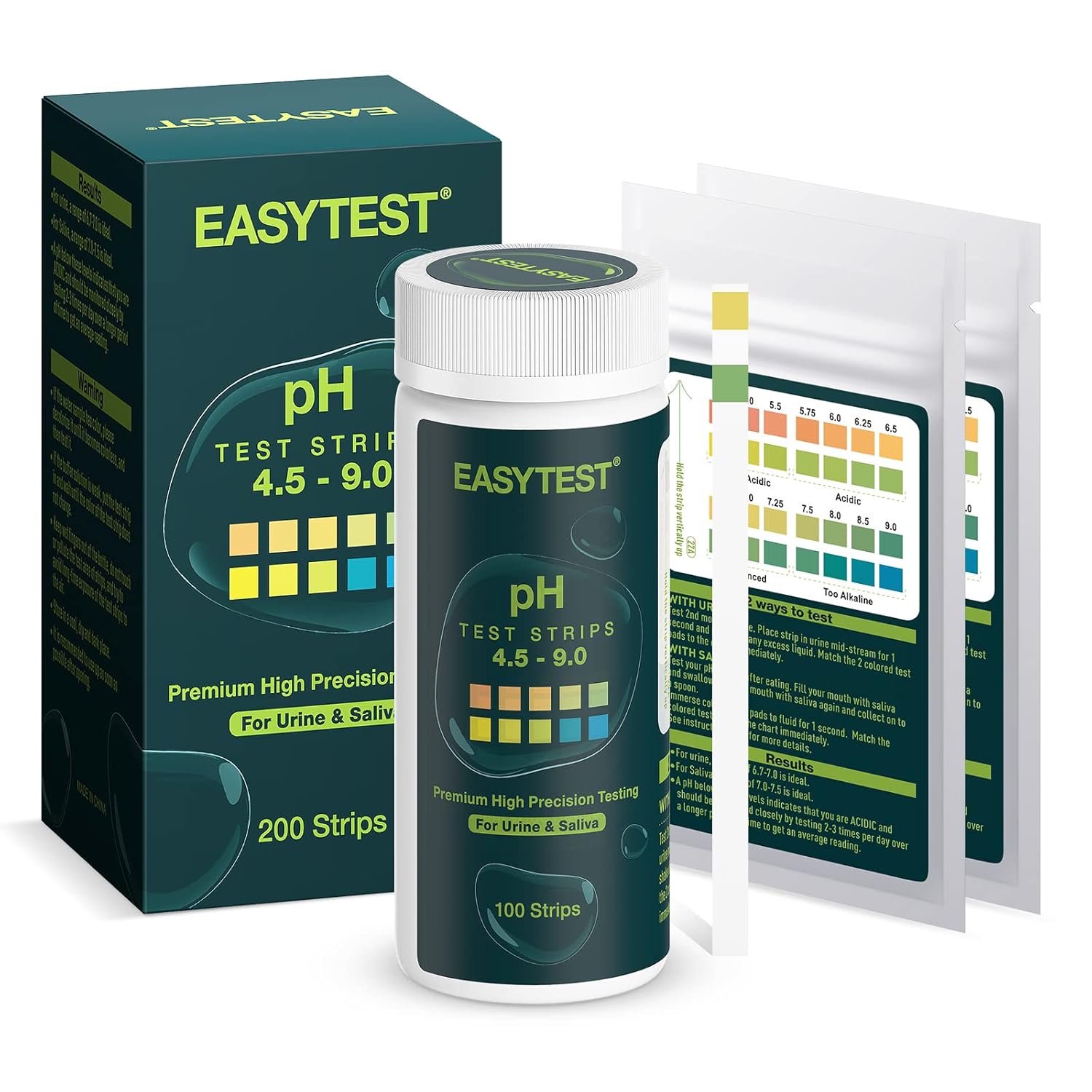 Urine and Saliva pH Test Strips 200ct + 2 Colorimetric Blocks High Precision and Easy Test