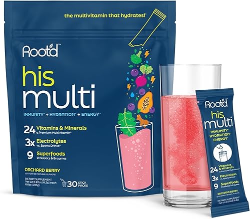 Root'd Multivitamínico en polvo para hombres  24 vitaminas y minerales con 3 electrolitos, 9 superalimentos orgánicos, probióticos y enzimas,