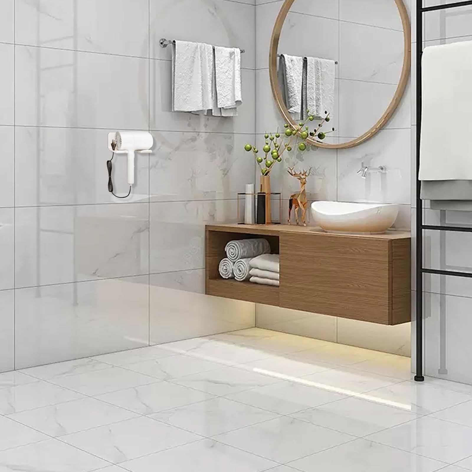 Soporte Secador de Pelo Autoadhesivo 4,8 cm Diámetro para Paredes Lisas Mármol Azulejos Blanco