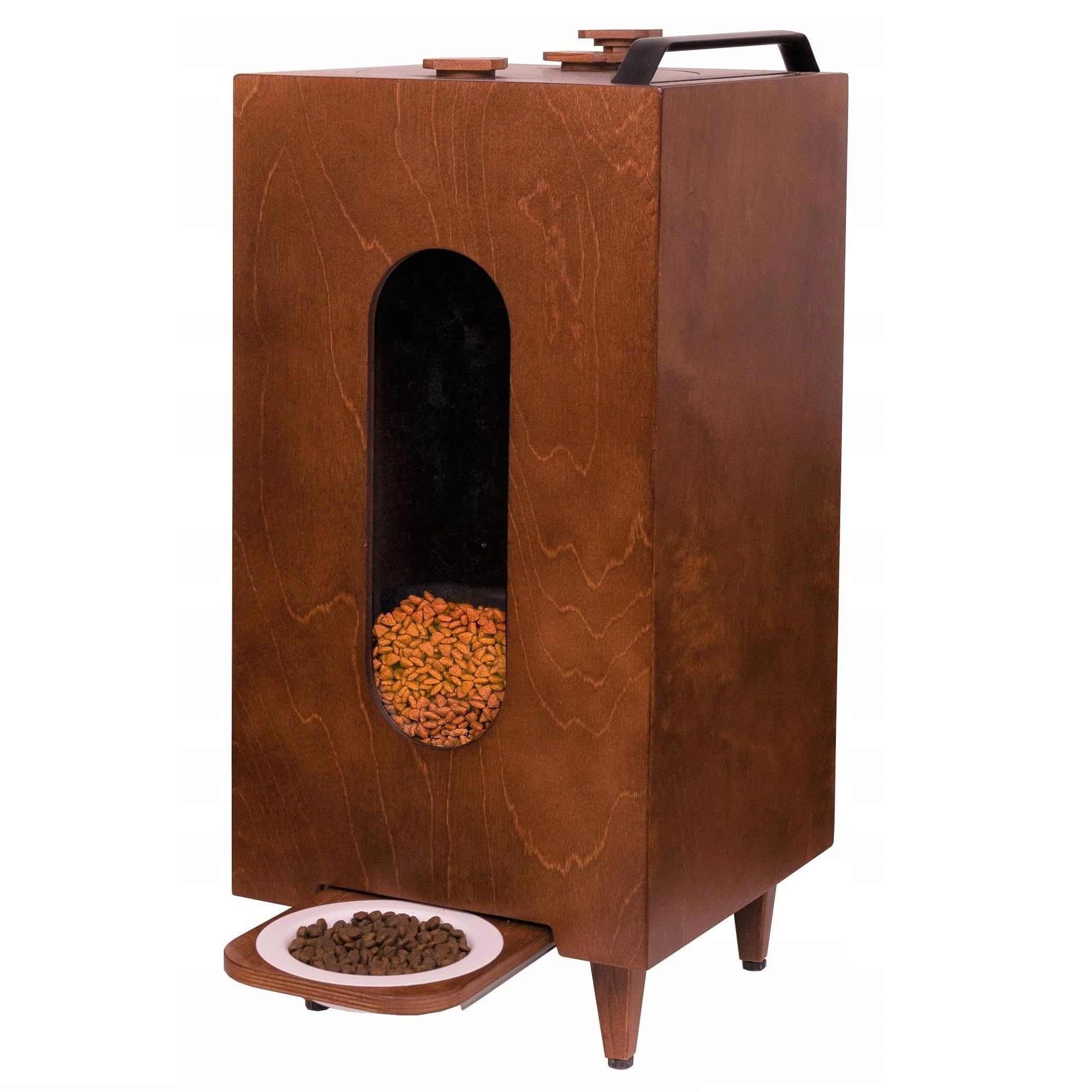 QLS Trockenfutterspender 20L für Katzen und Hunde mit Schale, braun, 60 x 30 x 30 cm