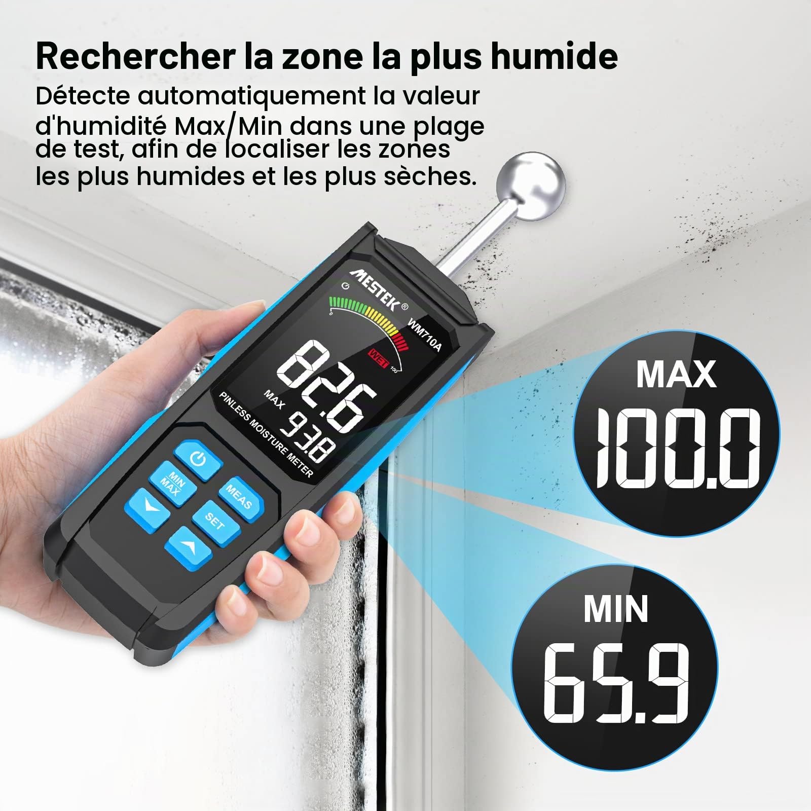 Testeur d'Humidité MESTEK Humidimètre Murs Hygromètre 20-40mm Analyseur d'humidité sans Aiguille Numérique Écran LCD Alarme Fonction Pour Détecteur Bois Murs Maçonnerie Construction Béton Plâtre