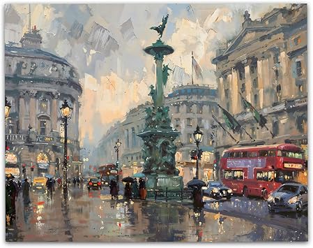 Rainy Day on Piccadilly Circus in London - 11x14 Unframed Poster - Iconic Intersection Oil Painting, Urban Cityscape, Abstract Art, Rainy Atmosphere, Moody Impressionist Artwork for Condo or Apartment