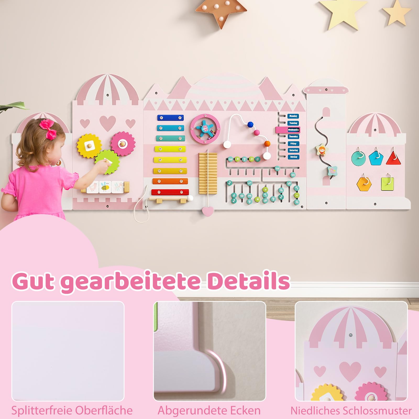 COSTWAY Montessori Motorikbrett, 11-in-1 Busy Board Holz mit Blöcken & Xylophon & Abakus, Montessori Spielzeug, Motorikboard für Kinder ab 1 Jahr