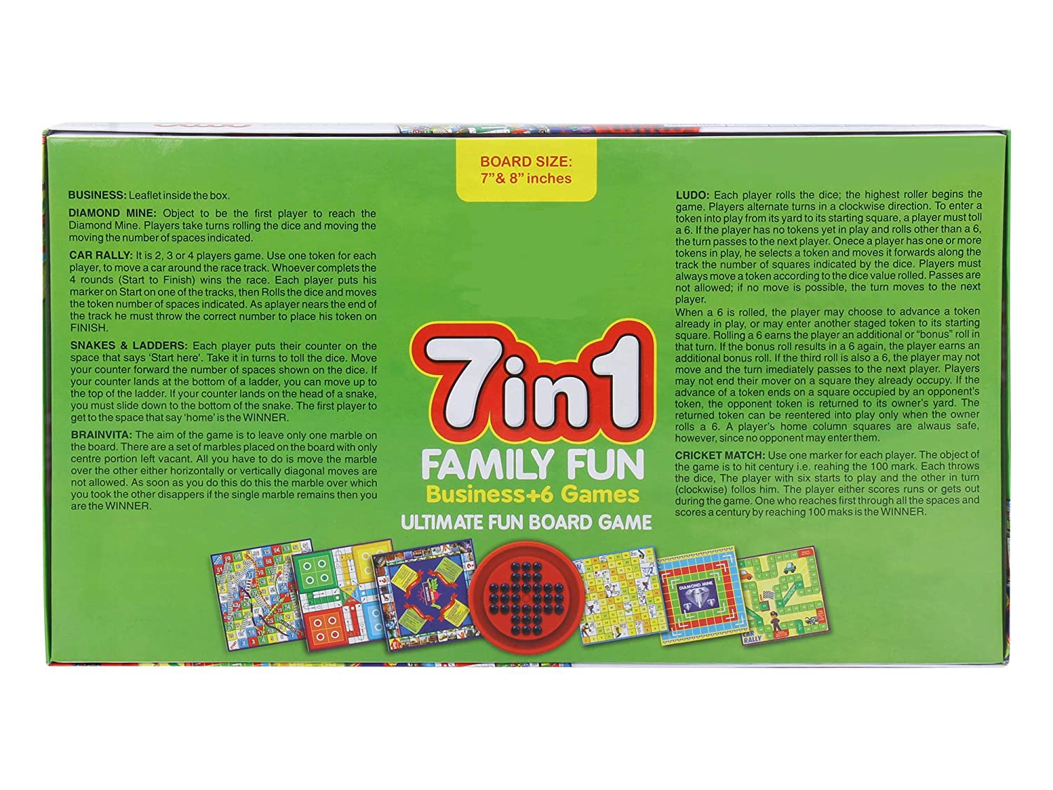 Mahi Enterprise® 7 in 1 Family Board Game|Board Size: 6.5 Inches * 6.5 Inches & 8 Inches * 8 Inches|Brainvita,Ludo,Snakes & Ladders,Business,Car Rally,Diamond Mine,Cricket 1
