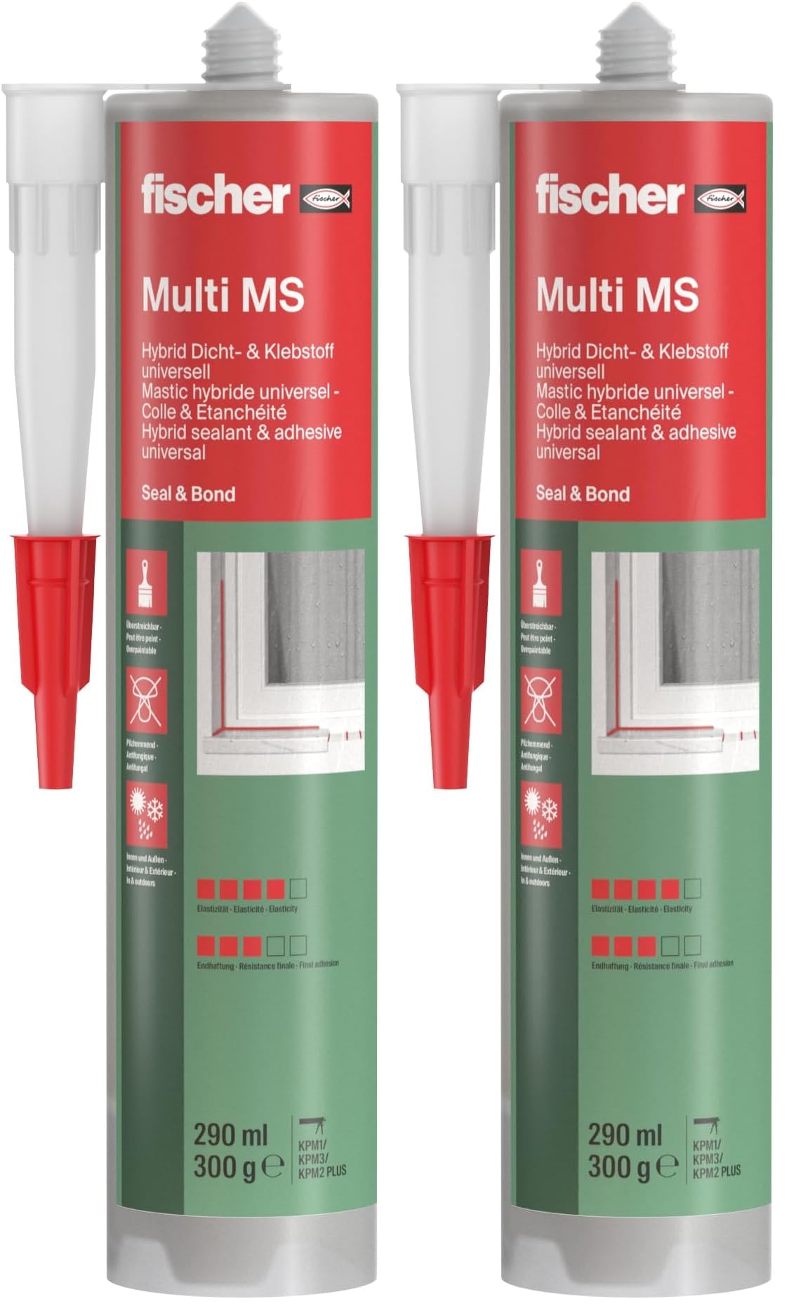 fischer - Mastic colle universel Multi MS blanc - pour collage et étanchéité - 1 cartouche de 290 ml avec canule à capuchon refermable (Lot de 2)
