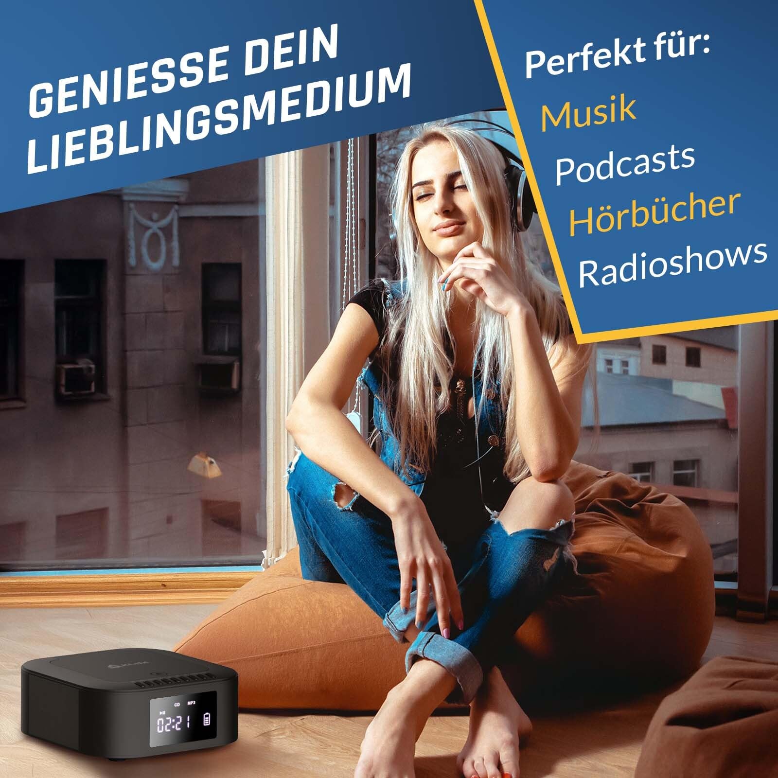 KLIM Boombox E1 Radio mit CD Player - BASS Boost mit Tieftöner - FM Radio, MP3, Bluetooth, AUX, USB, Kompakt Disc - CD Player tragbar mit kabellosem Modus und aufladbaren Akku - Mit Fernbedienung