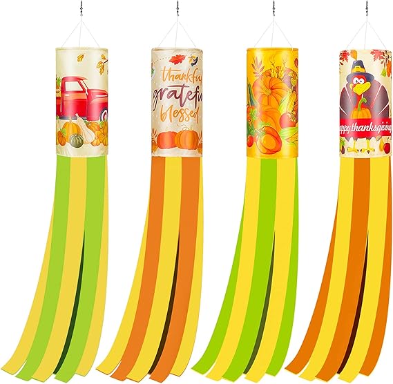 4 Pieces Thanksgiving Fall Windsocks Turkey Pumpkin Maple Leaf Truck Windsock