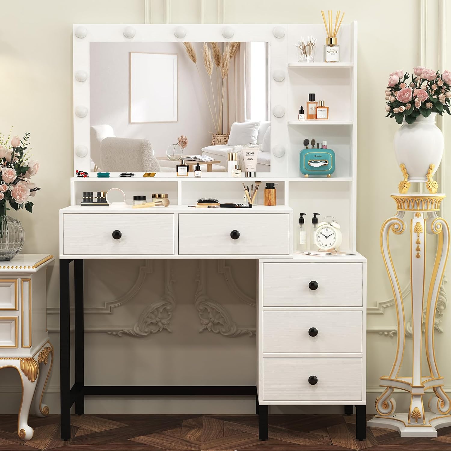 Vanity Desk with Hollywood LED Lights and Metal Legs, Adjustable Brightness Vanity Makeup Table with 5 Drawer and Open Shelves, 100x140x40 cm White Bedroom Vanity, H3391-SC-20240826 91-D