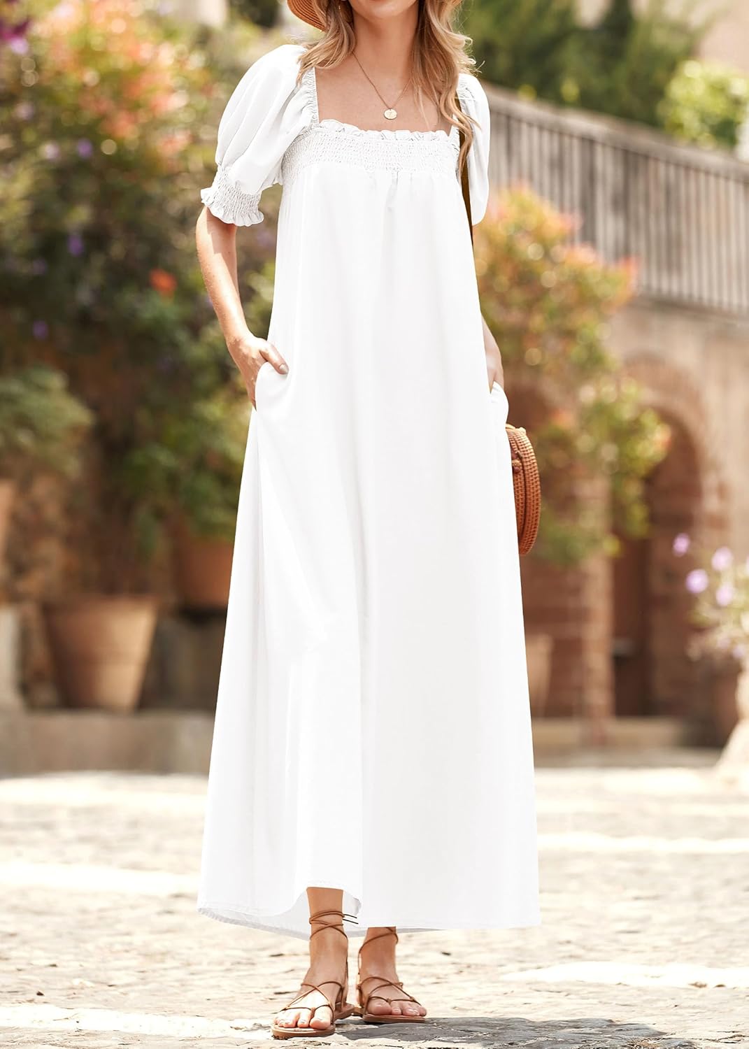 KIRUNDO Women 2026 Summer Maxi Dress Casual Loose Puff Sleeve Square Neck Maternity Flowy Long Beach Dresses with Pockets