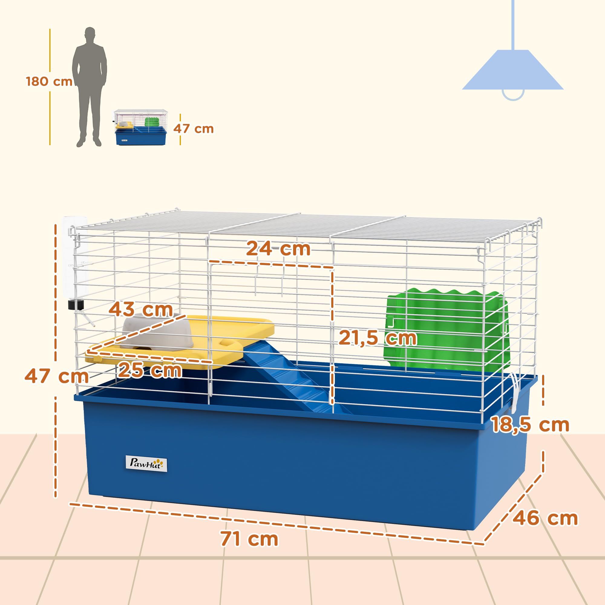 PawHut Jaula para Hurones con Bandeja Inferior Jaula para Animales Pequeños con Plataforma con Rampa Comedero y Bebedero Recinto para Conejos Pequeños Chinchillas Cobayas 71x46x47 cm Blanco y Azul